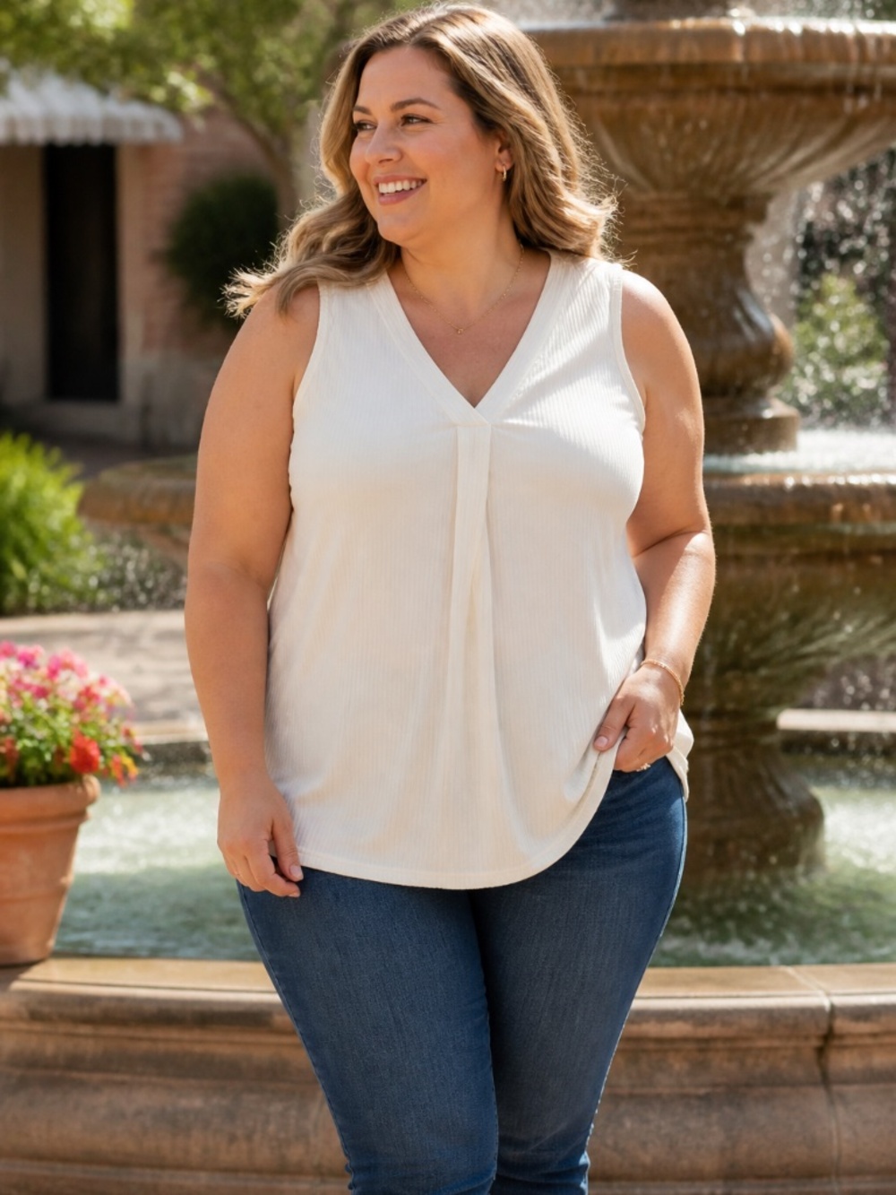 Sew In Love Ivory Ribbed V-Neck Pleated Tank Top | Plus Size 1X